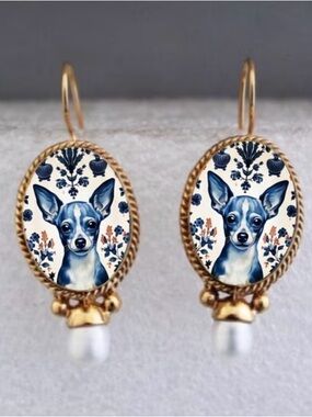 Gold-Tone Chihuahua Portrait Drop Earrings in Blue and White